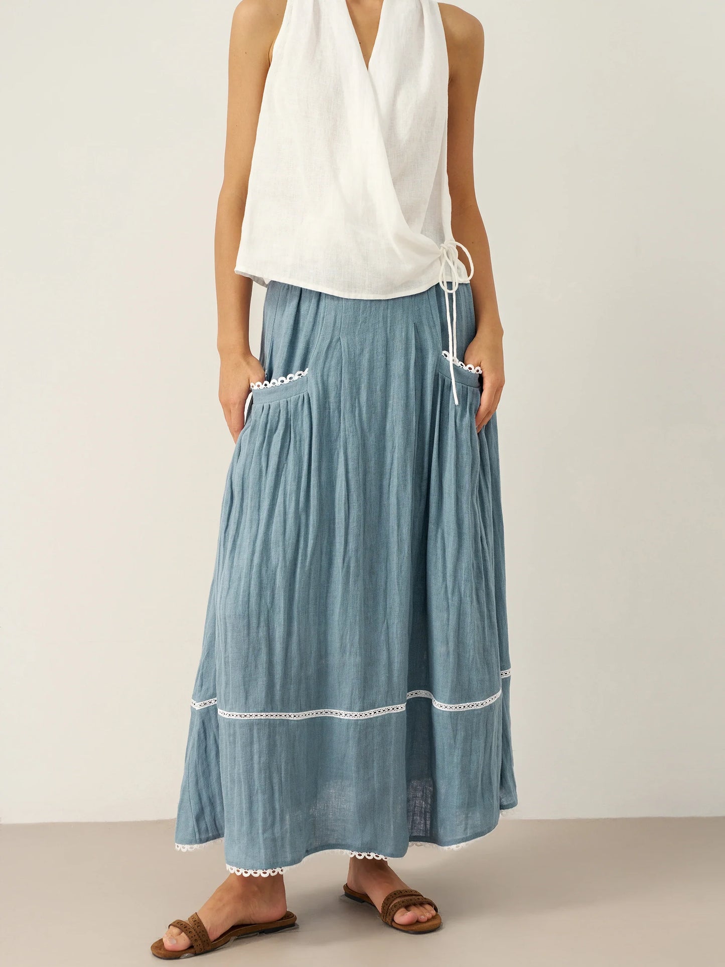 Linen Lace-up Pocket Skirt