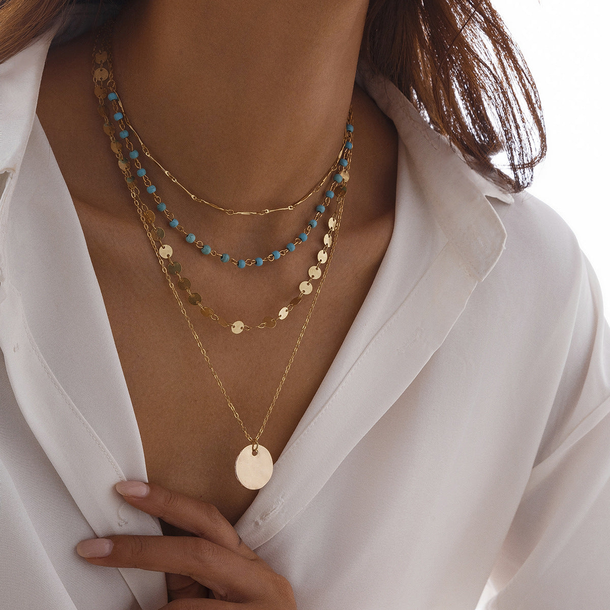 OT buckle necklace multi-layer gemstone chains