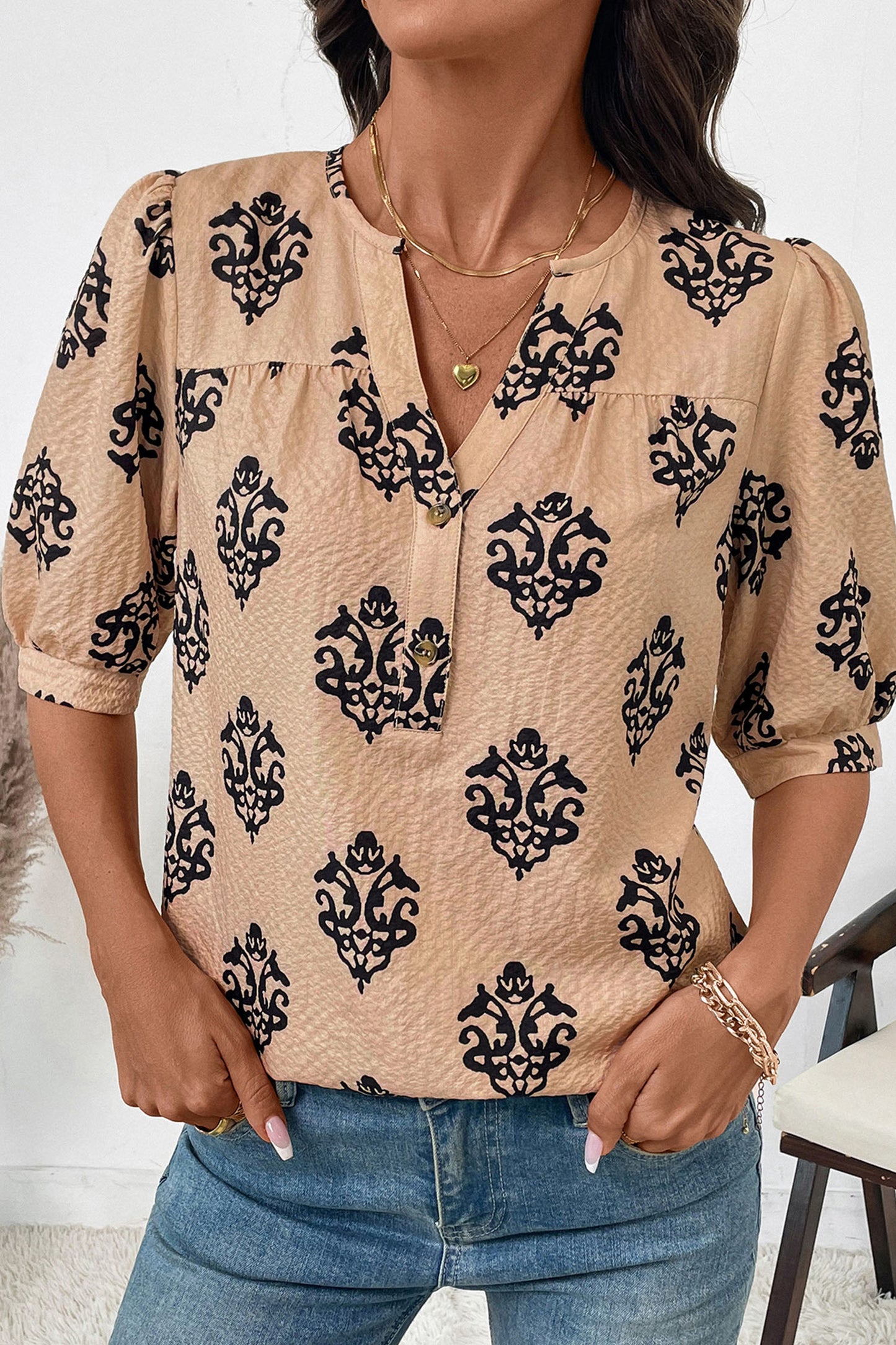 Brown Floral Print Half Button Puff Sleeve Blouse