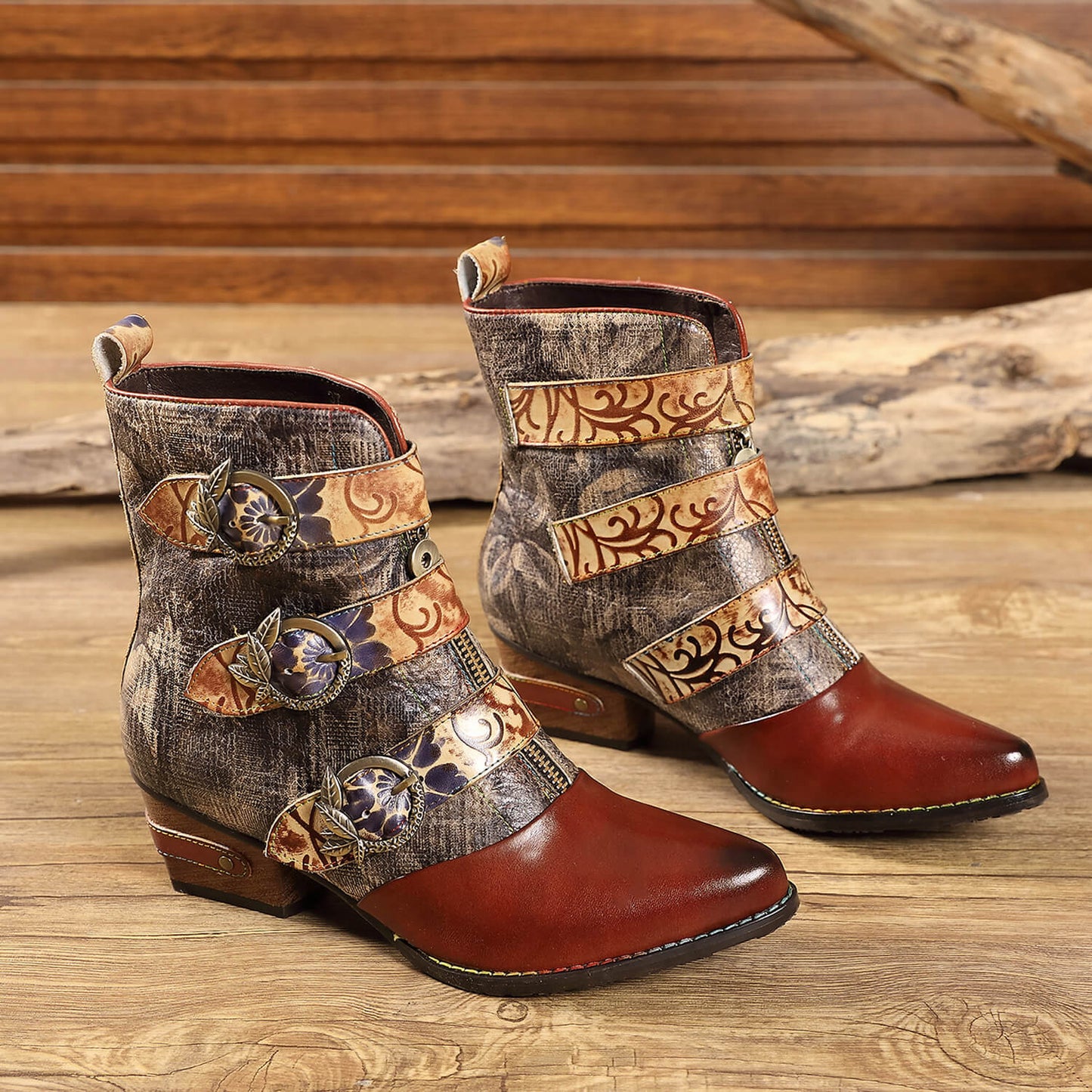 Retro Handmade Vintage Embossed Buckle Leather Boots
