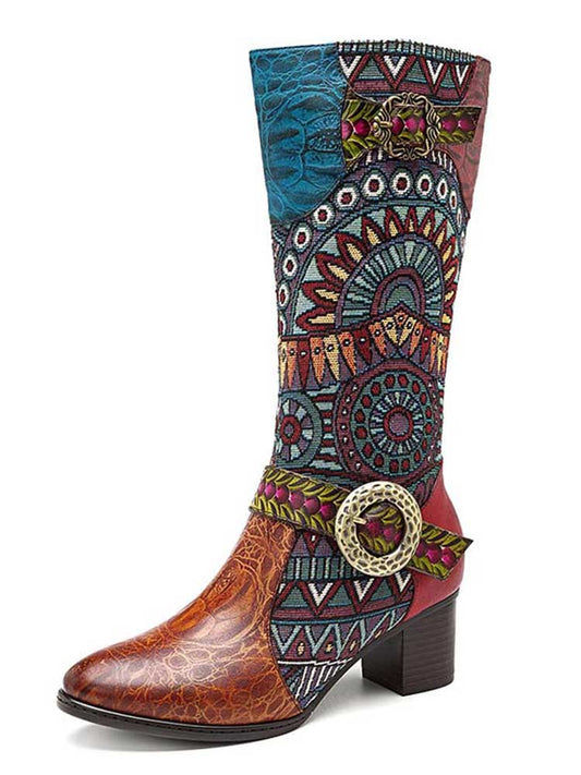 Bohemian Leather Splicing Pattern High Tube Boots