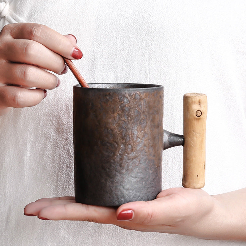 Handmade Rustic Ceramic Mug with Wood Handle