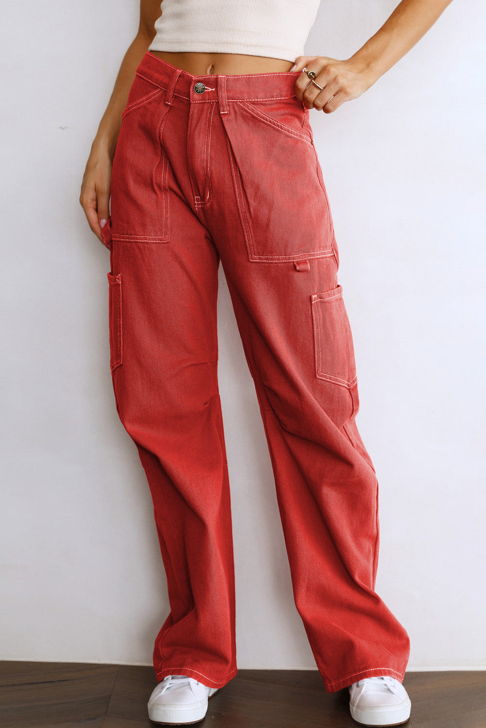 Green-2 High Waist Straight Leg Cargo Pants with Pockets