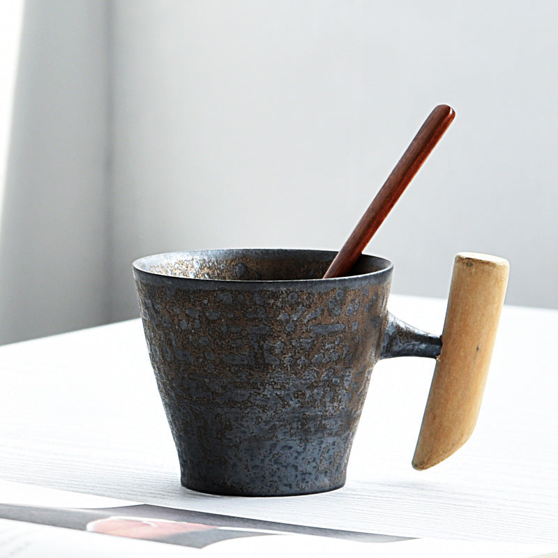 Handmade Rustic Ceramic Mug with Wood Handle