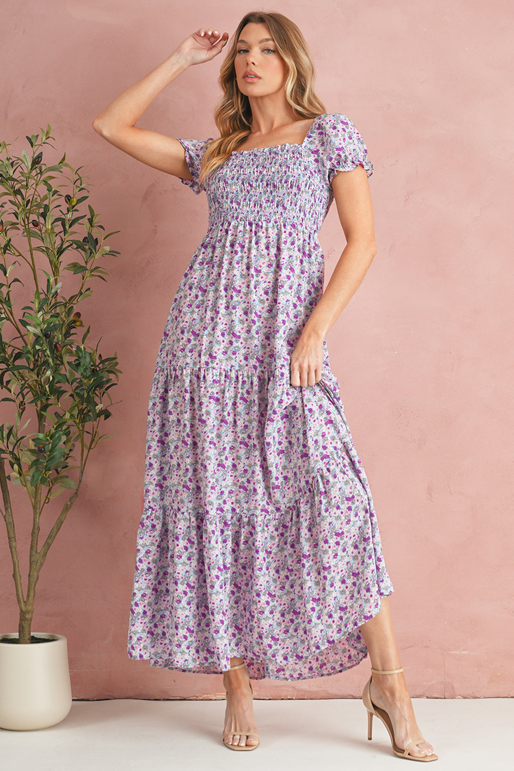 Pink Floral Short Bubble Sleeve Shirred High Waist Maxi Dress