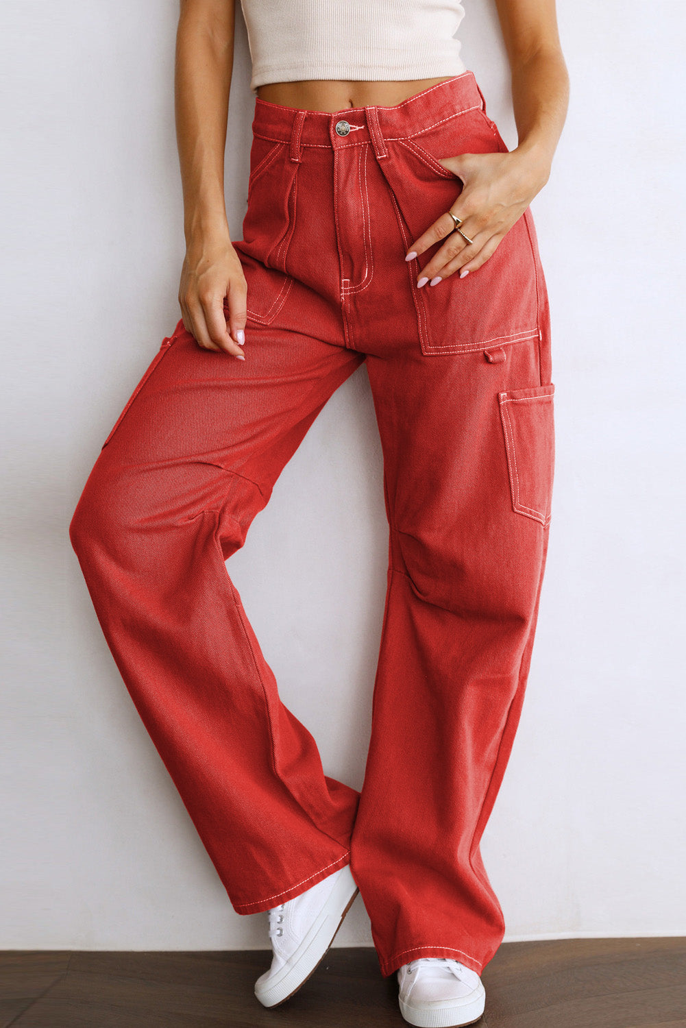 Green-2 High Waist Straight Leg Cargo Pants with Pockets