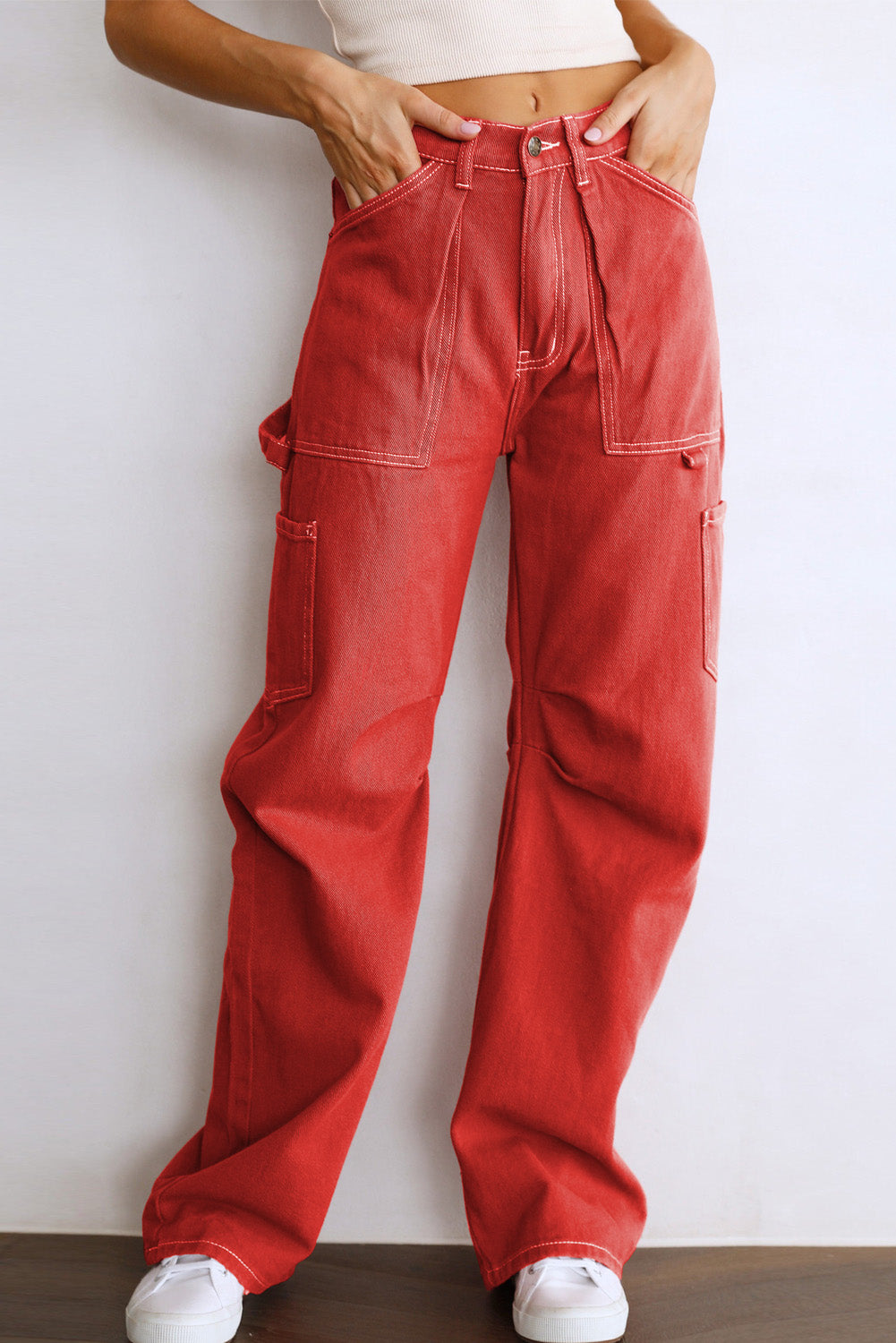 Green-2 High Waist Straight Leg Cargo Pants with Pockets