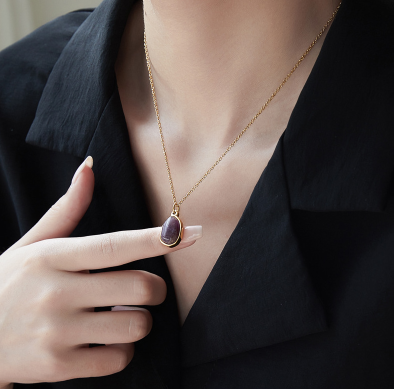 Gold Necklace with Irregular Natural Gemstone Pendant