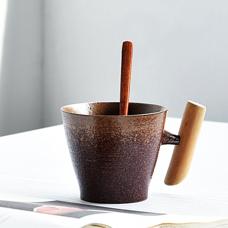 Handmade Rustic Ceramic Mug with Wood Handle