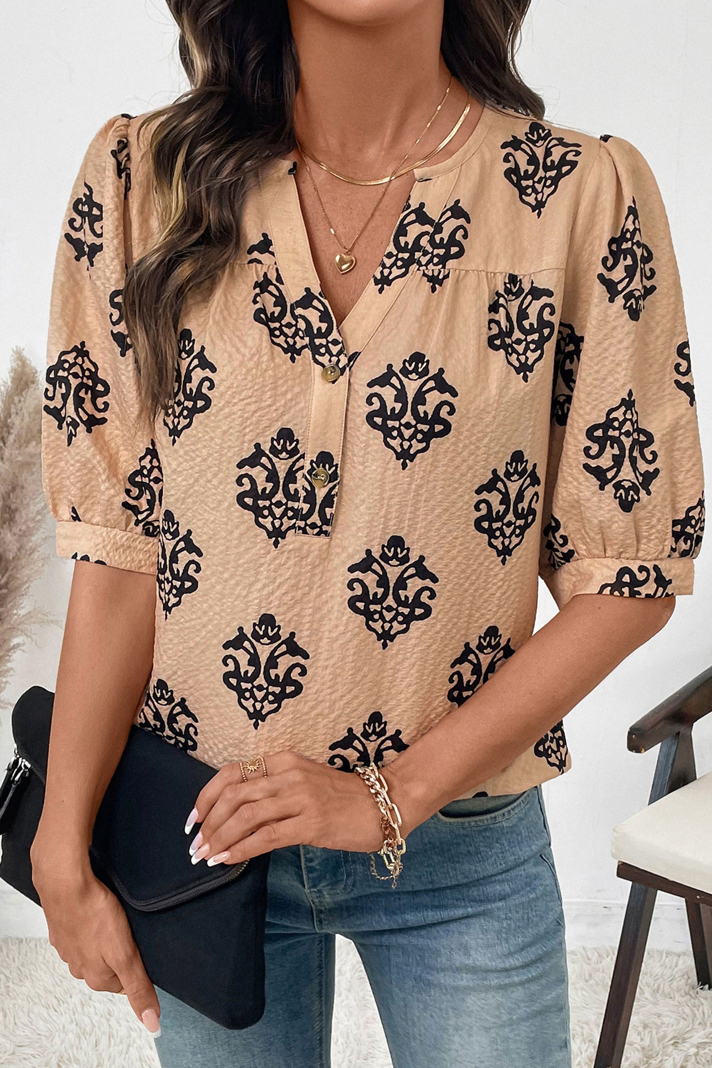 Brown Floral Print Half Button Puff Sleeve Blouse