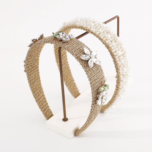Woven Headband Pearl Flower Rhinestone Beadwork