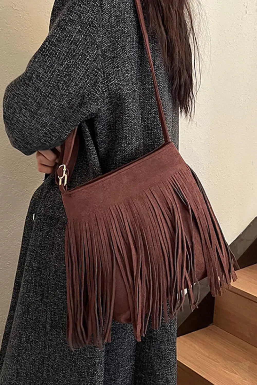 Vegan Suede Boho Tassel Hobo Shoulder Bag