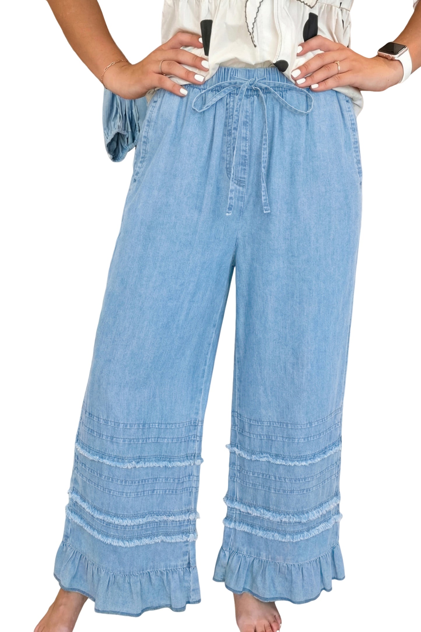 Dusk Blue Ruffled Hem Wide Leg Chambray Pants