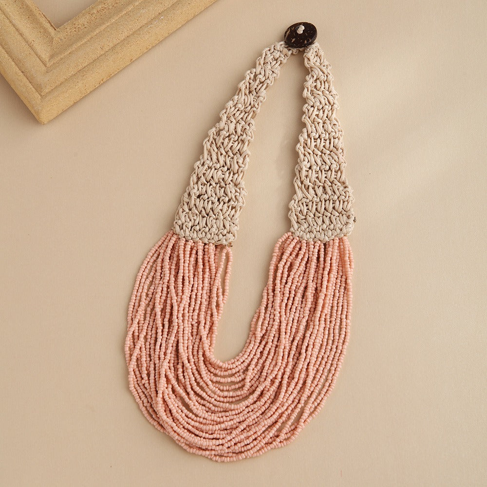 Hand Woven Layered Wax Rope Rice Bead Necklace