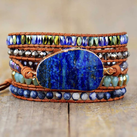 Lapis Lazuli Layered Leather & Stone Wrap Bracelet