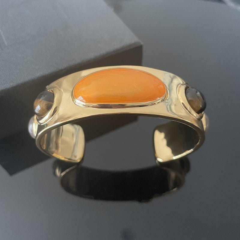 Retro Natural Stone Gold Cuff Bracelet