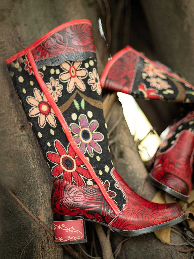 Bohemian Leather Block Heel Long Boots