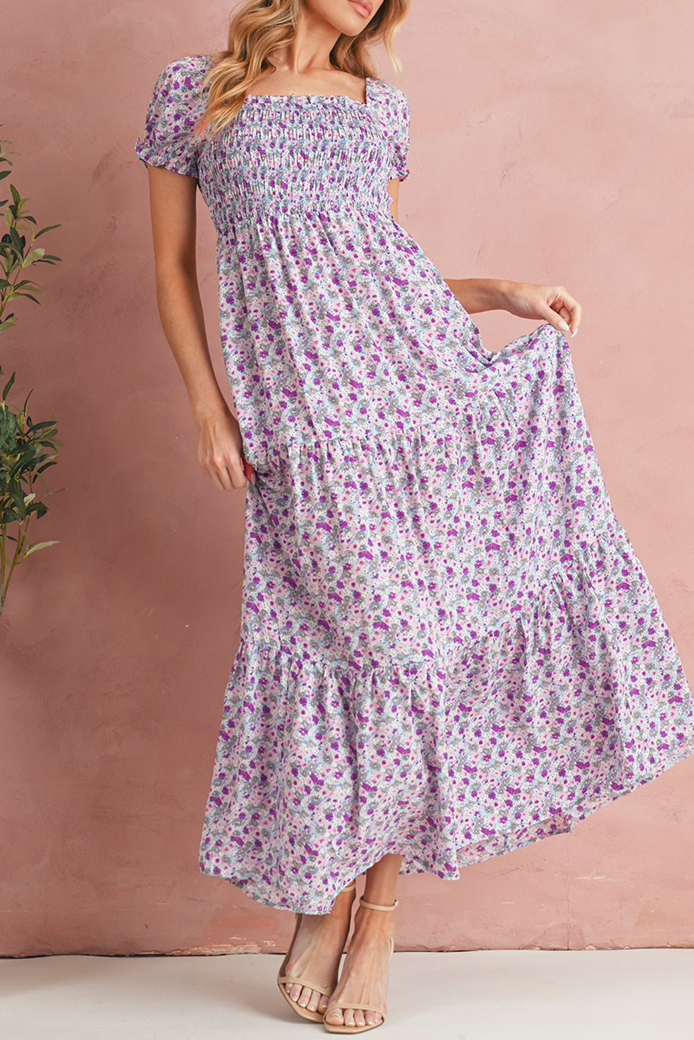 Pink Floral Short Bubble Sleeve Shirred High Waist Maxi Dress