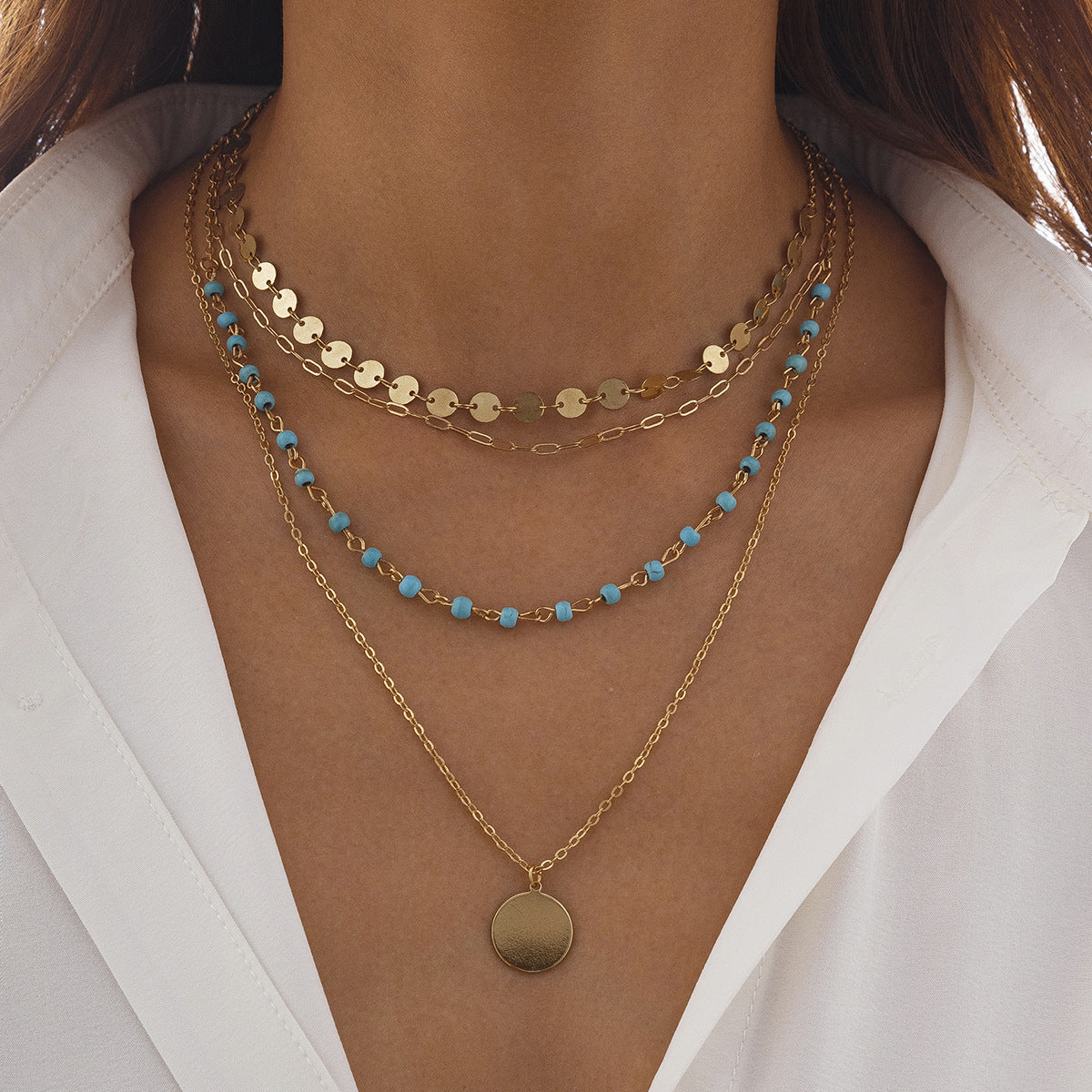 OT buckle necklace multi-layer gemstone chains