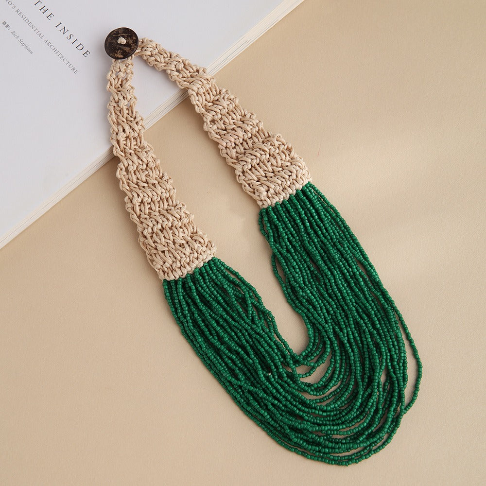 Hand Woven Layered Wax Rope Rice Bead Necklace