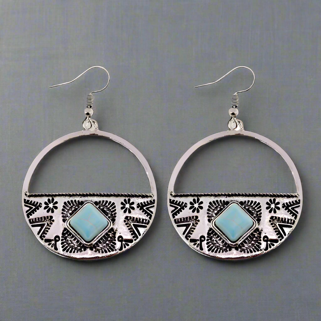 Turquoise & Antique Silver Carved Dangle Hoop Earrings