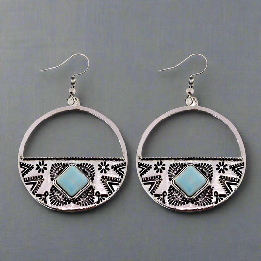 Turquoise & Antique Silver Carved Dangle Hoop Earrings
