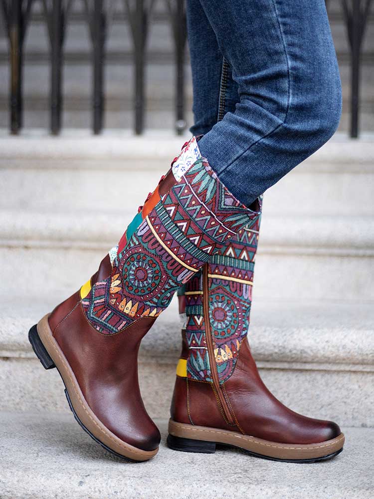 Bohemian Leather Splicing Pattern High Tube Boots