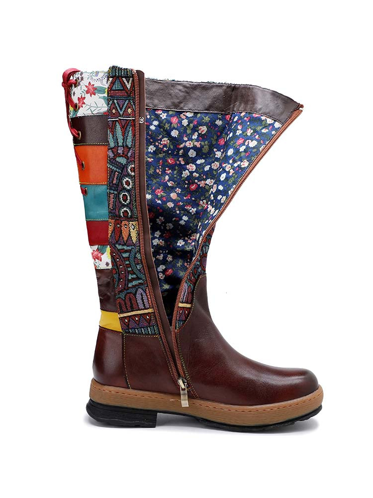 Bohemian Leather Splicing Pattern High Tube Boots