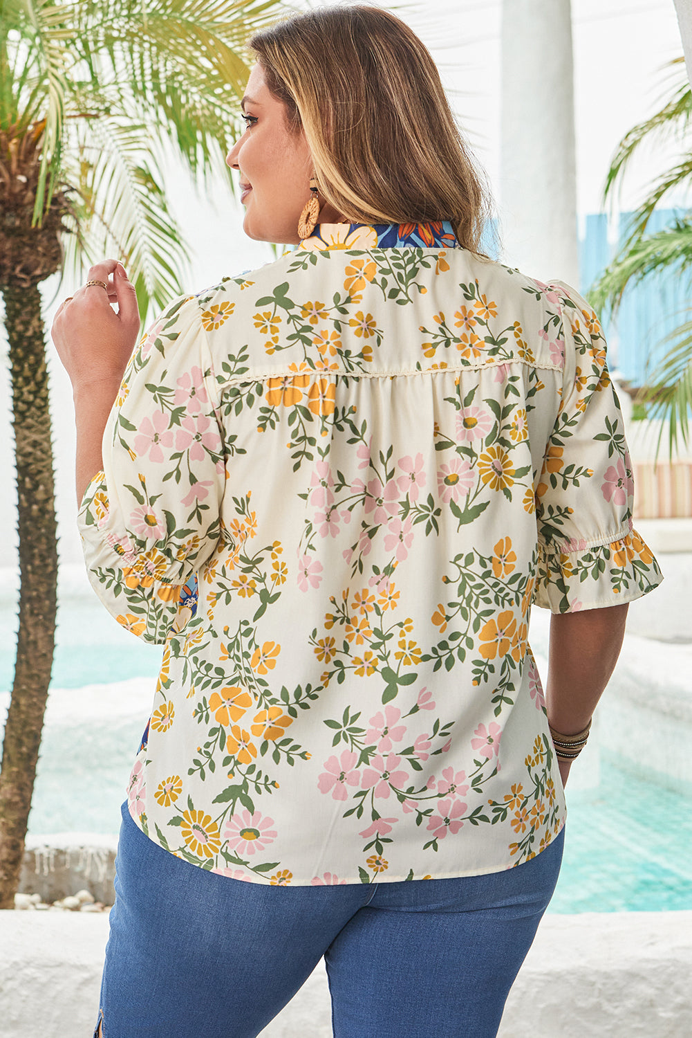 Multicolour Boho Floral V-Neck Plus Size Puff Sleeve Blouse