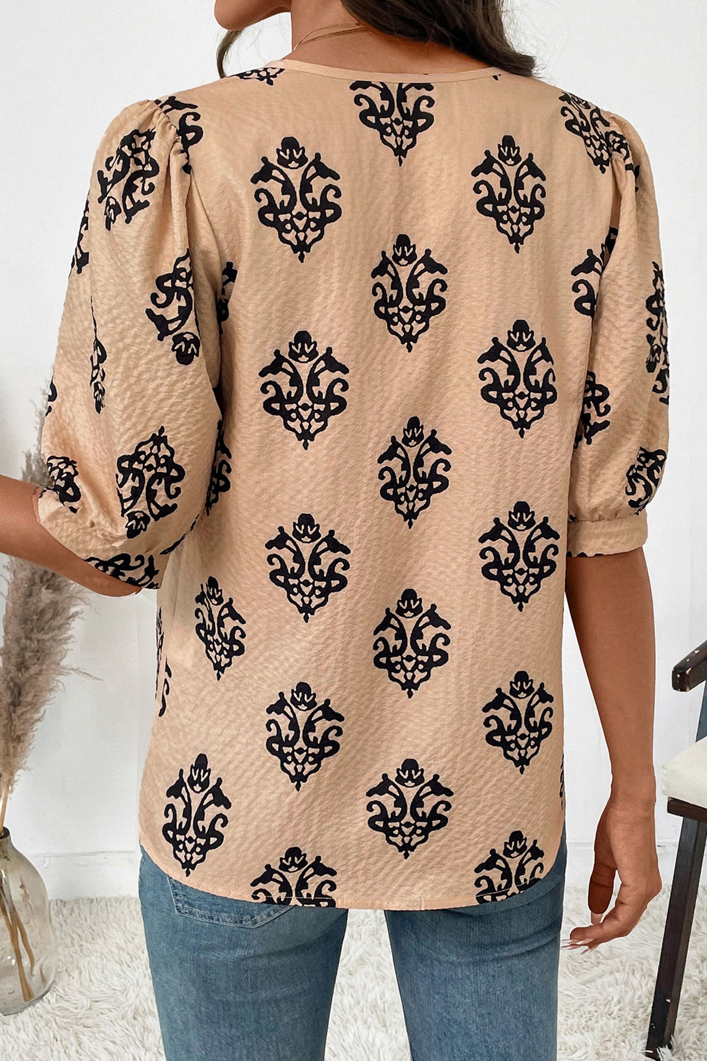 Brown Floral Print Half Button Puff Sleeve Blouse