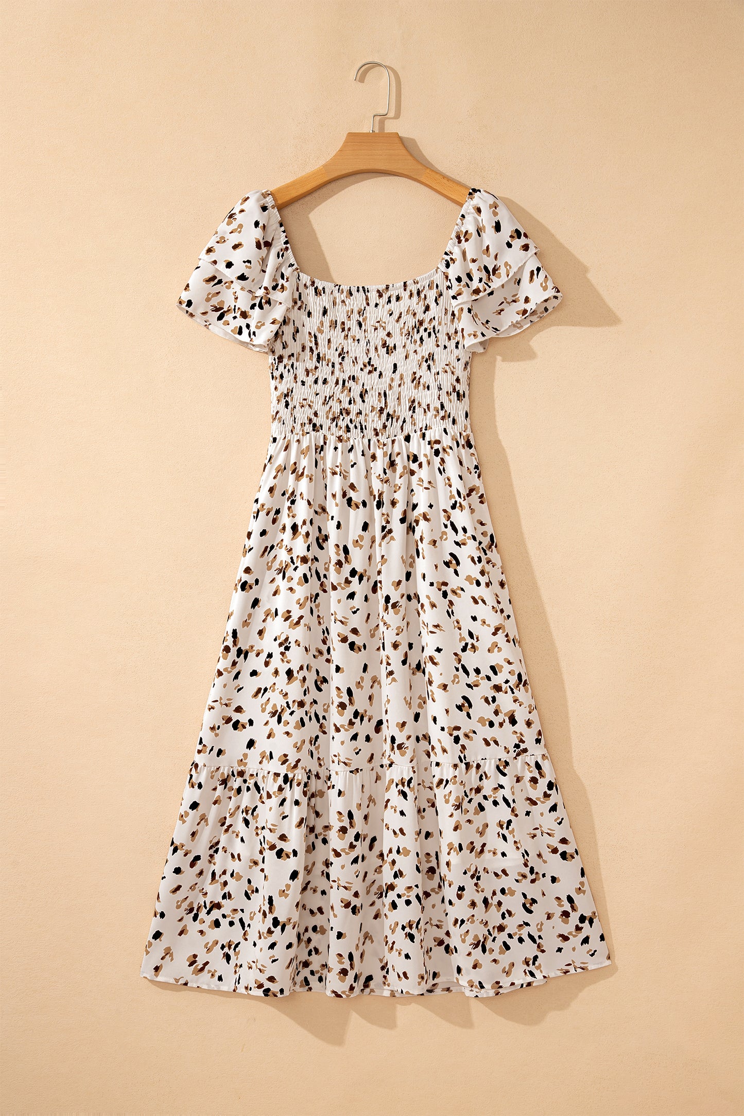 Blue Ditsy Floral Print Smocked Square Neck Ruffle Short Sleeve Dress