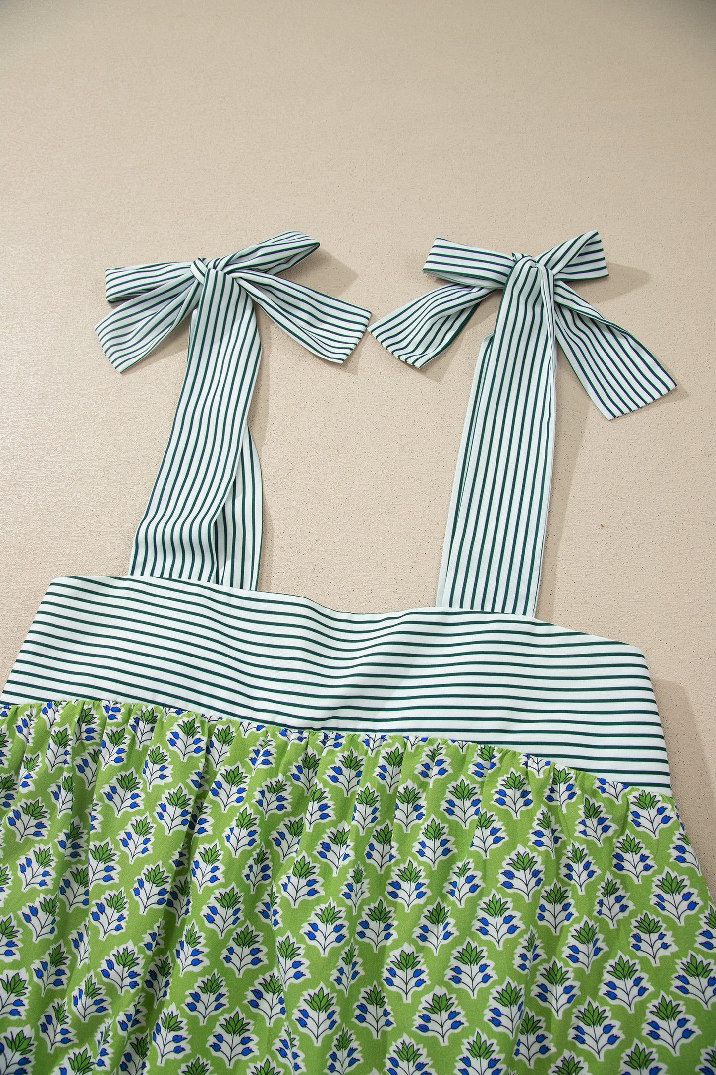 Green Floral Printed Knot Straps Babydoll Tank Top