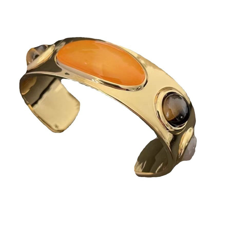 Retro Natural Stone Gold Cuff Bracelet