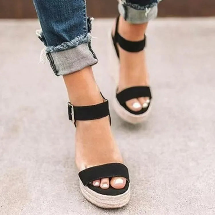 Open-Toe High Heel Wedge Sandals with Buckle