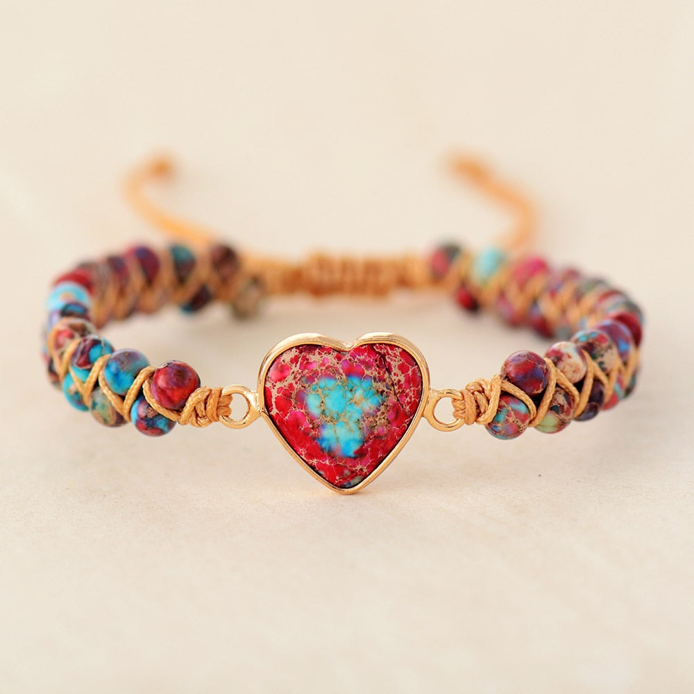 Natural Jasper Stone Heart Charm Wrap Bracelet