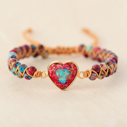 Natural Jasper Stone Heart Charm Wrap Bracelet