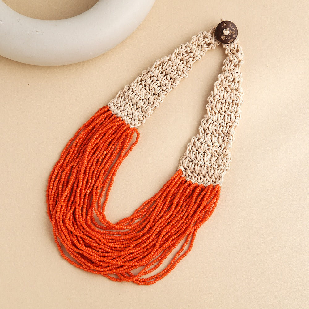Hand Woven Layered Wax Rope Rice Bead Necklace