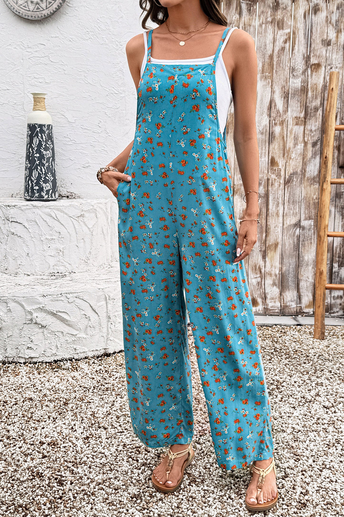 Multicolour Floral Print Spaghetti Straps Loose Pocketed Jumpsuit