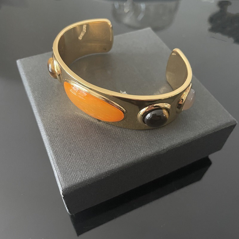 Retro Natural Stone Gold Cuff Bracelet