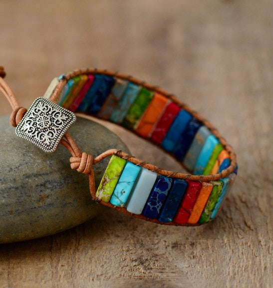 Handmade Multi Color Natural Stone Jasper Beads Leather Bracelet