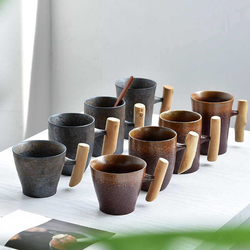 Handmade Rustic Ceramic Mug with Wood Handle