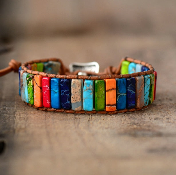 Handmade Multi Color Natural Stone Jasper Beads Leather Bracelet