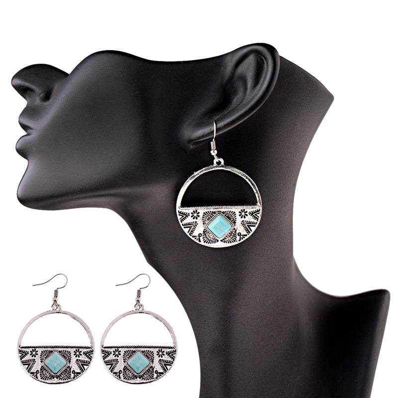 Turquoise & Antique Silver Carved Dangle Hoop Earrings