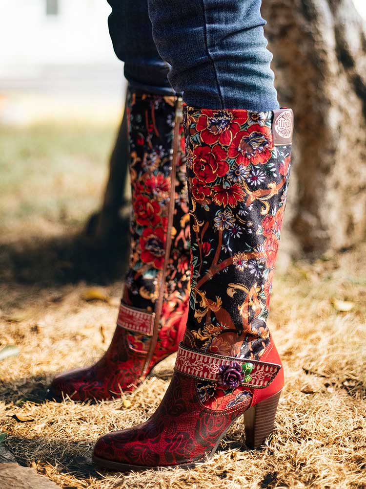 Handmade Floral Embossed Embroidery Elegant Boots