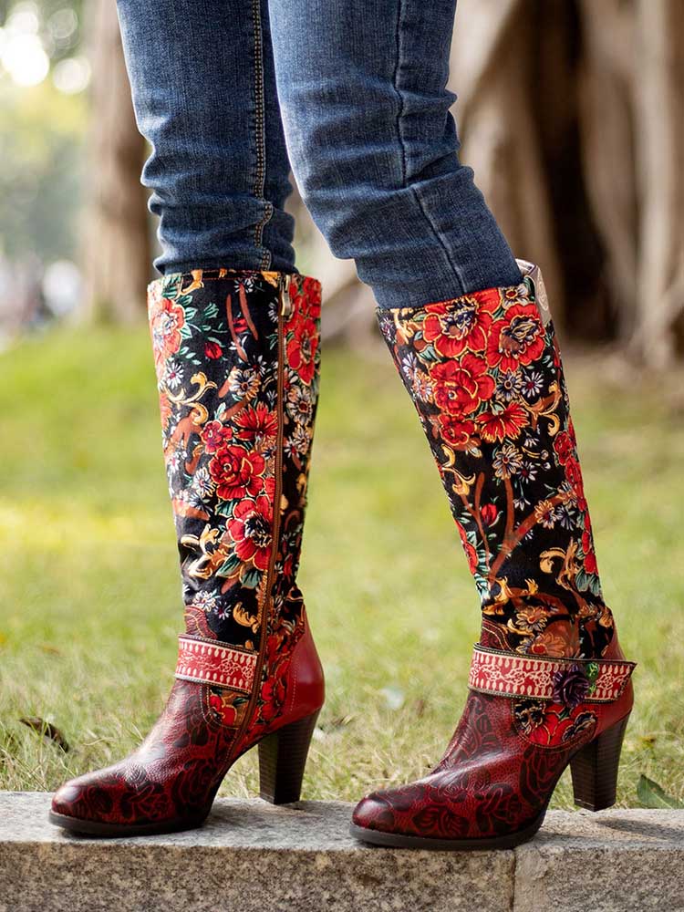 Handmade Floral Embossed Embroidery Elegant Boots