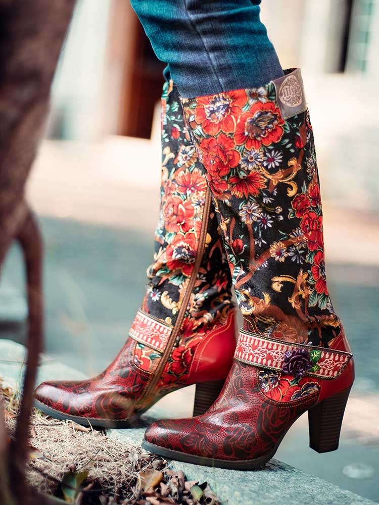 Handmade Floral Embossed Embroidery Elegant Boots