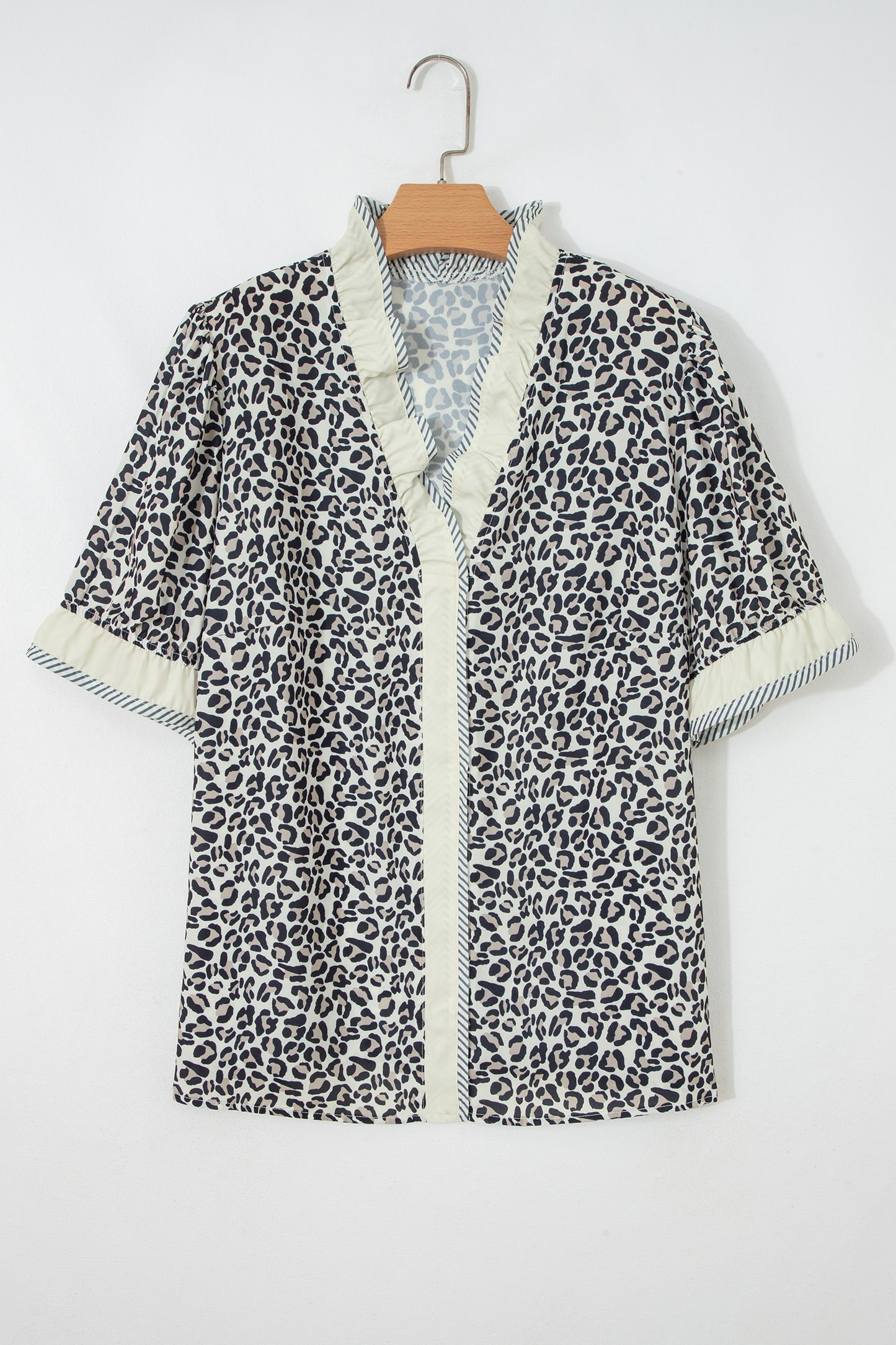 Black Plus Leopard Print Striped Color Block Trim Frilled V Neck Short Sleeve Blouse