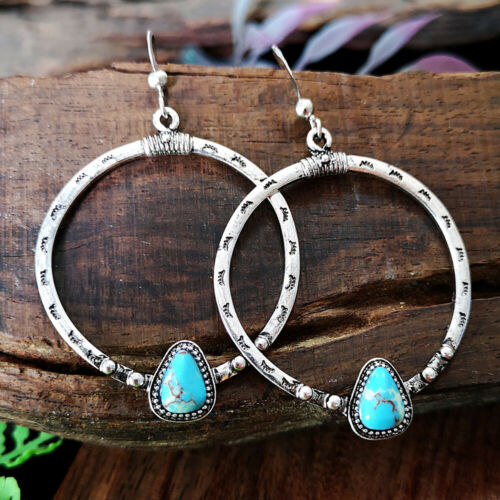 .925 Silver Turquoise Gemstone Drop Dangle Hooks Earrings