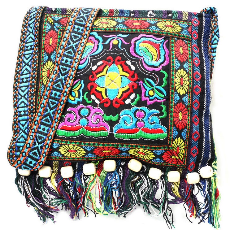 Vintage Embroidered Chinese Messenger Bag w/Tassels & Beads