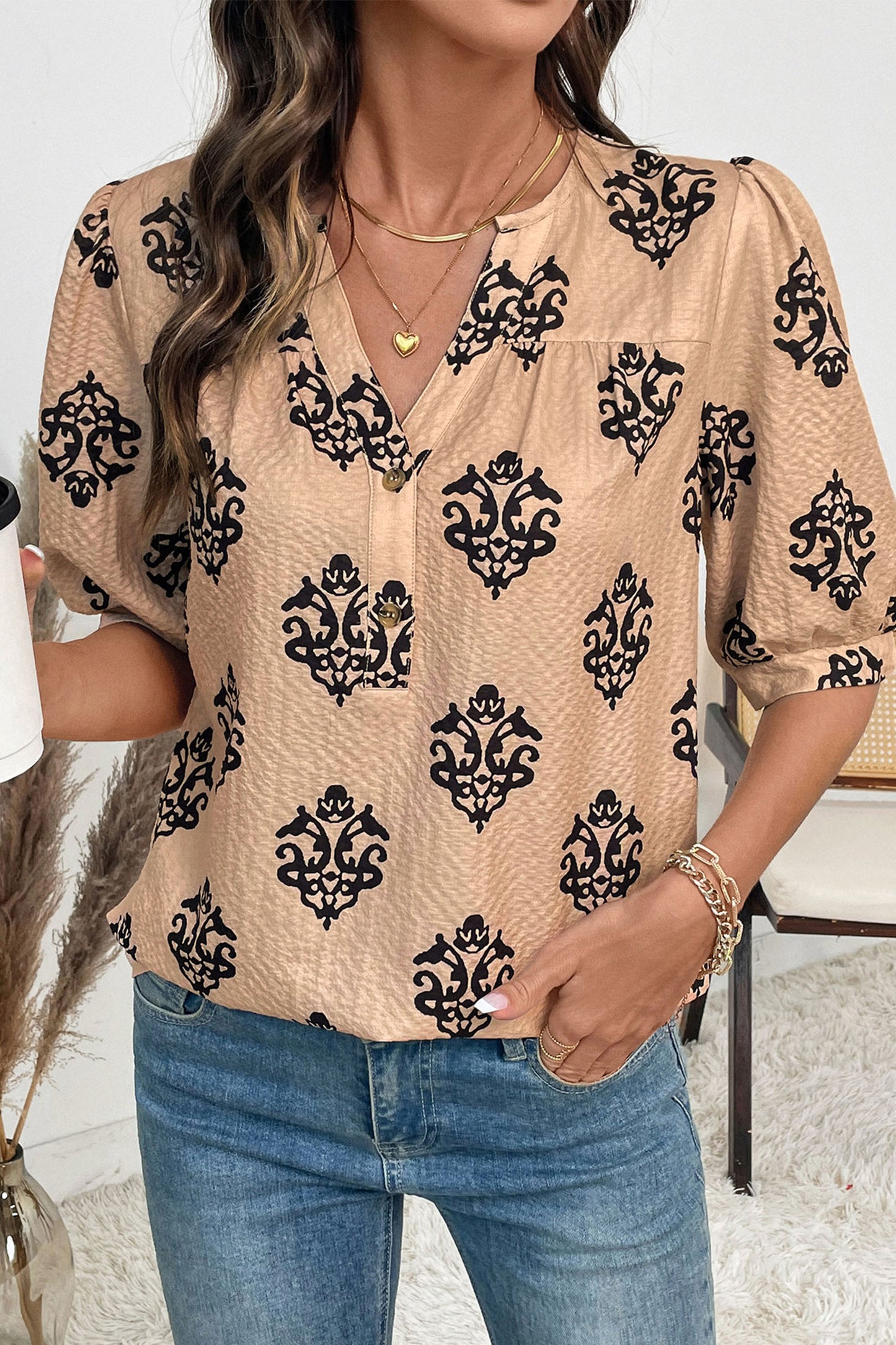 Brown Floral Print Half Button Puff Sleeve Blouse